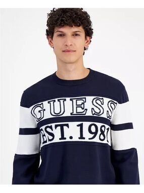 GUESS Navy and White Logo Crewneck Sweater